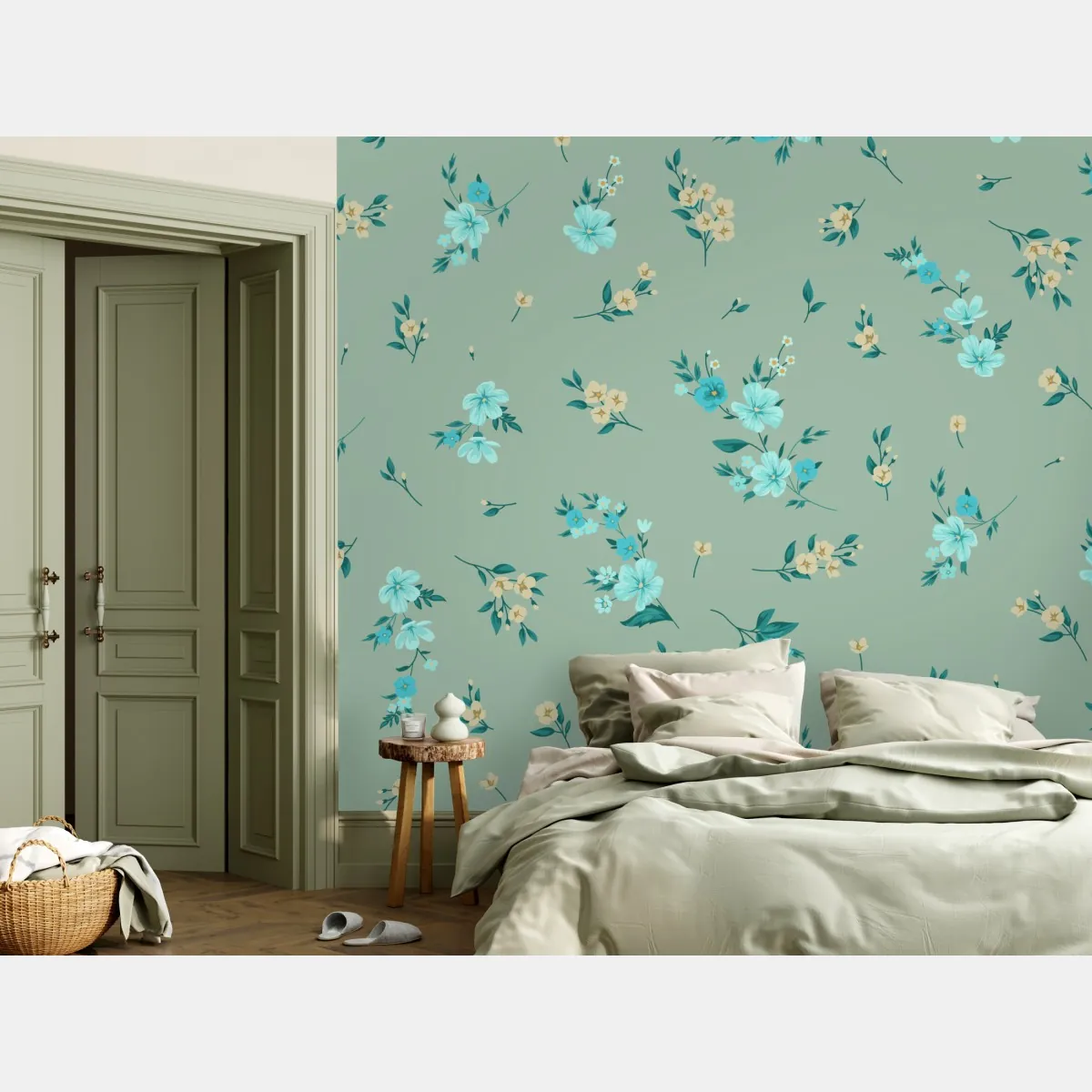 Fototapeta pastelowy turkusowy wzór kwiatowy na miętowym tle – Wallissimo® Fototapeta pastelowy turkusowy wzór kwiatowy na miętowym tle – Wallissimo®