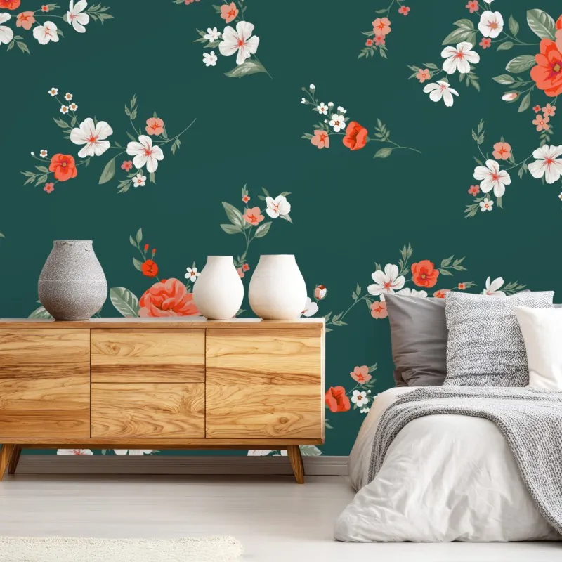 Fototapeta vintage koralowy wzór kwiatowy na ciemnozielonym tle