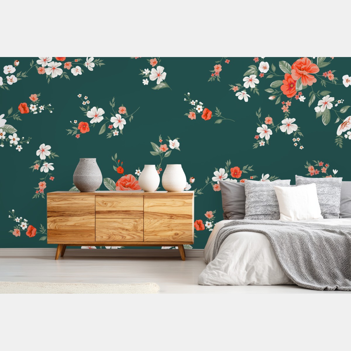 Wall mural vintage coral floral pattern on deep green background