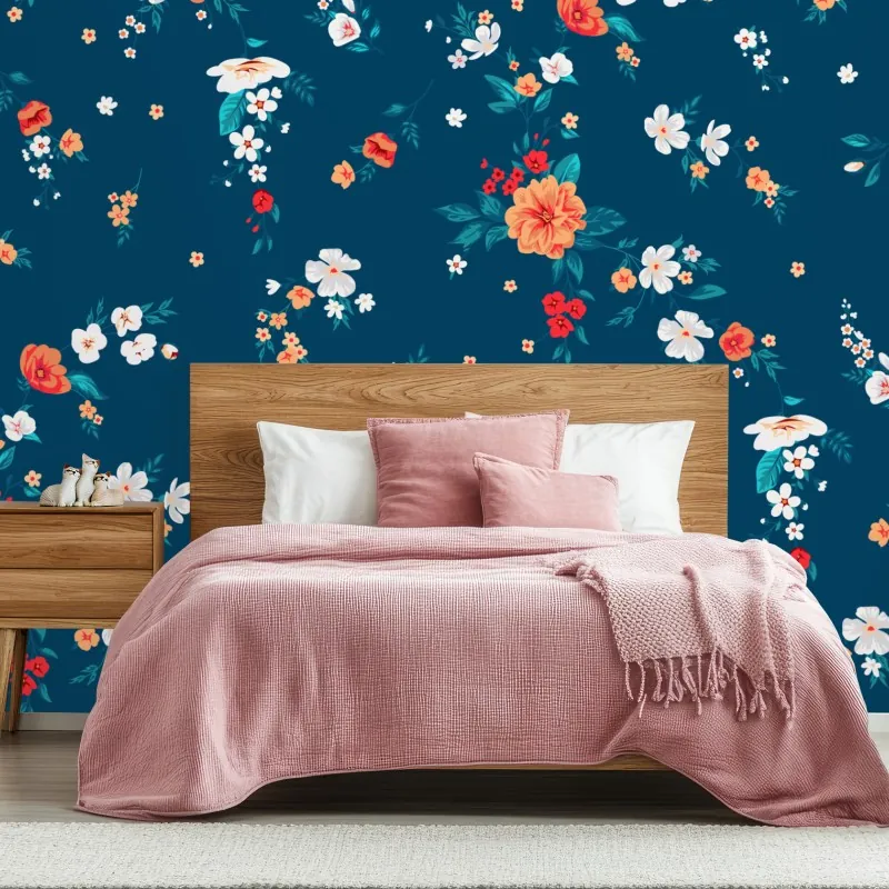 Fototapeta delikatny rozproszony wzór kwiatowy na głębokim turkusie