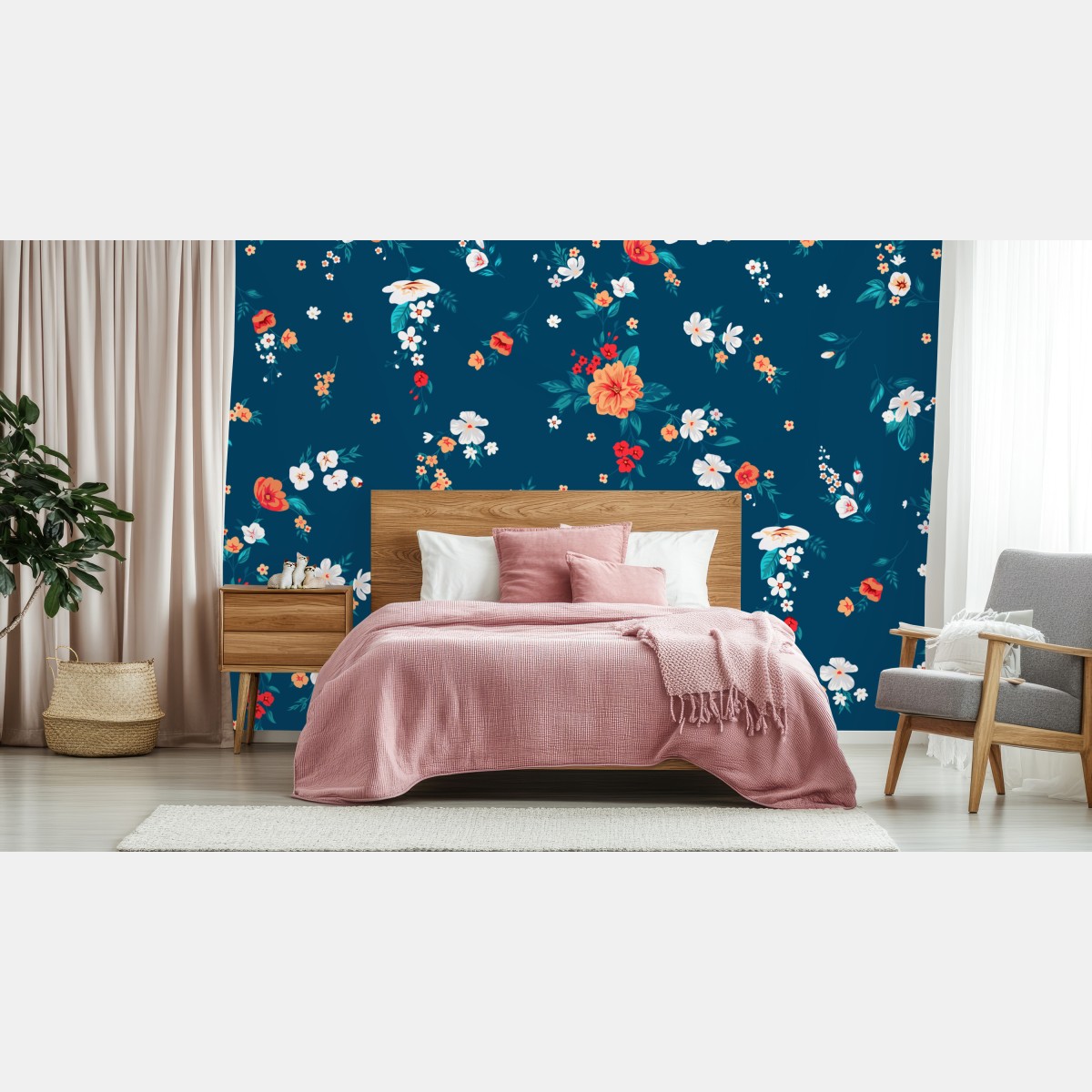 Wall mural delicate scattered floral pattern on deep teal
