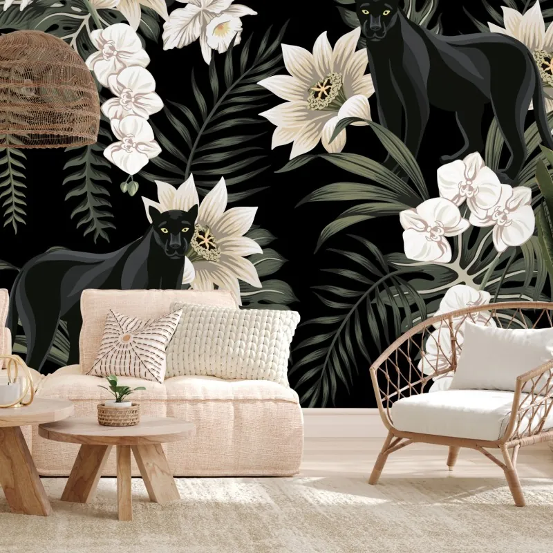 Fototapeta botaniczny wzór z czarną panterą – Wallissimo® Fototapeta botaniczny wzór z czarną panterą – Wallissimo®