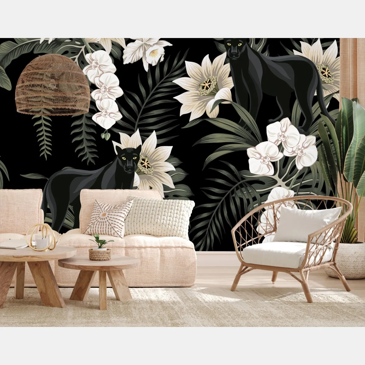 Fototapeta botaniczny wzór z czarną panterą – Wallissimo® Fototapeta botaniczny wzór z czarną panterą – Wallissimo®