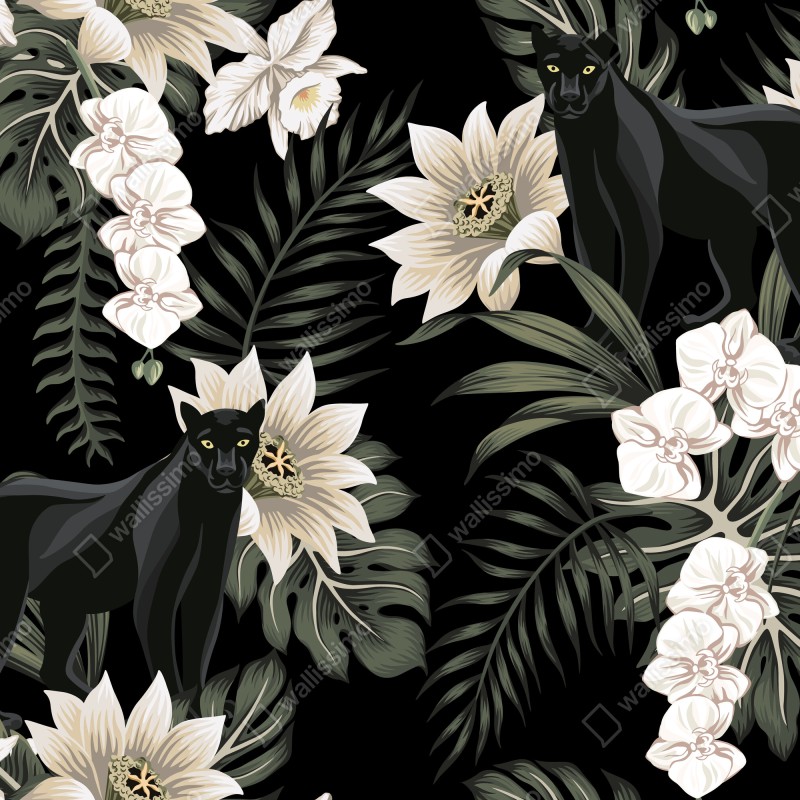 Fototapeta botaniczny wzór z czarną panterą – Wallissimo® Fototapeta botaniczny wzór z czarną panterą – Wallissimo®