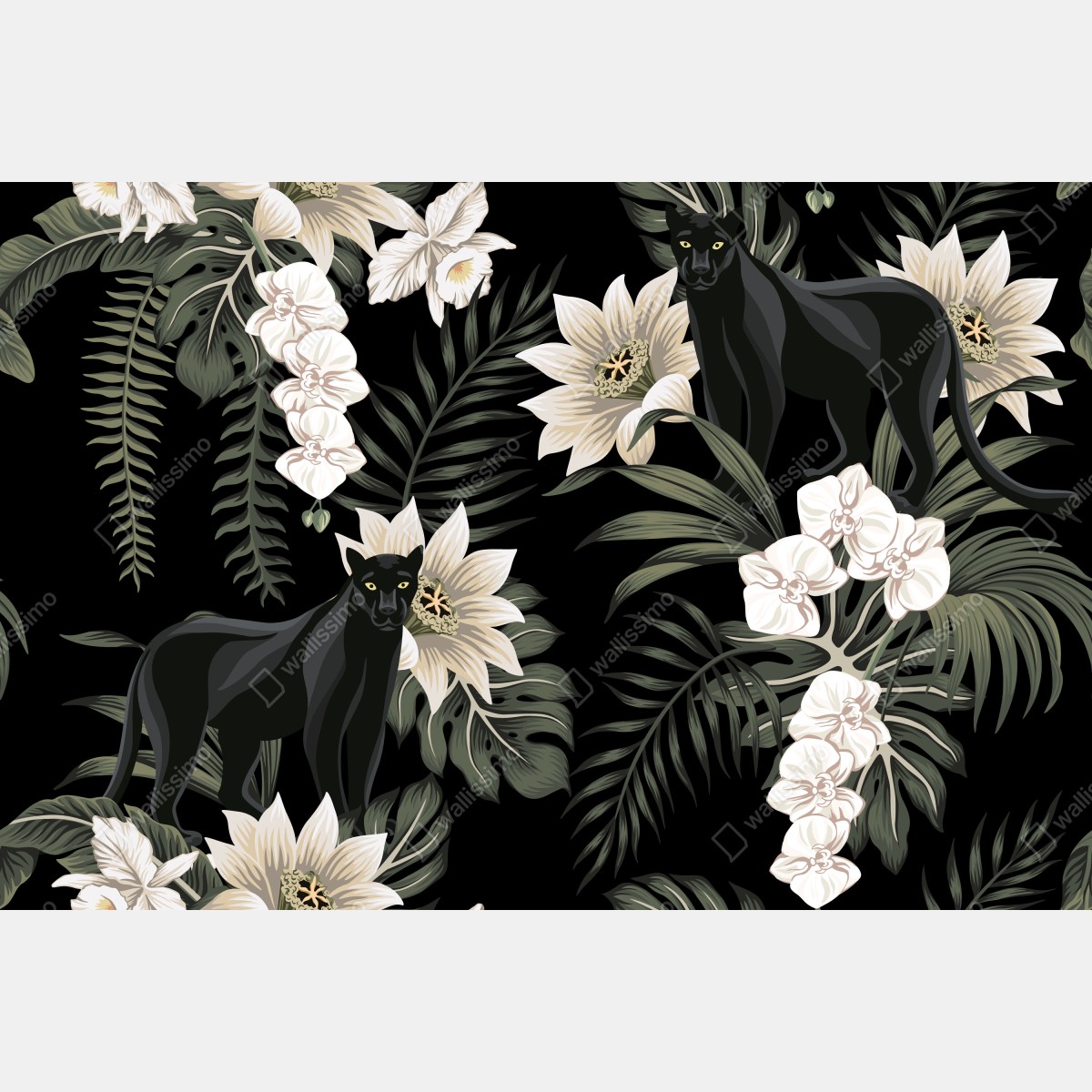 Fototapeta botaniczny wzór z czarną panterą – Wallissimo® Fototapeta botaniczny wzór z czarną panterą – Wallissimo®
