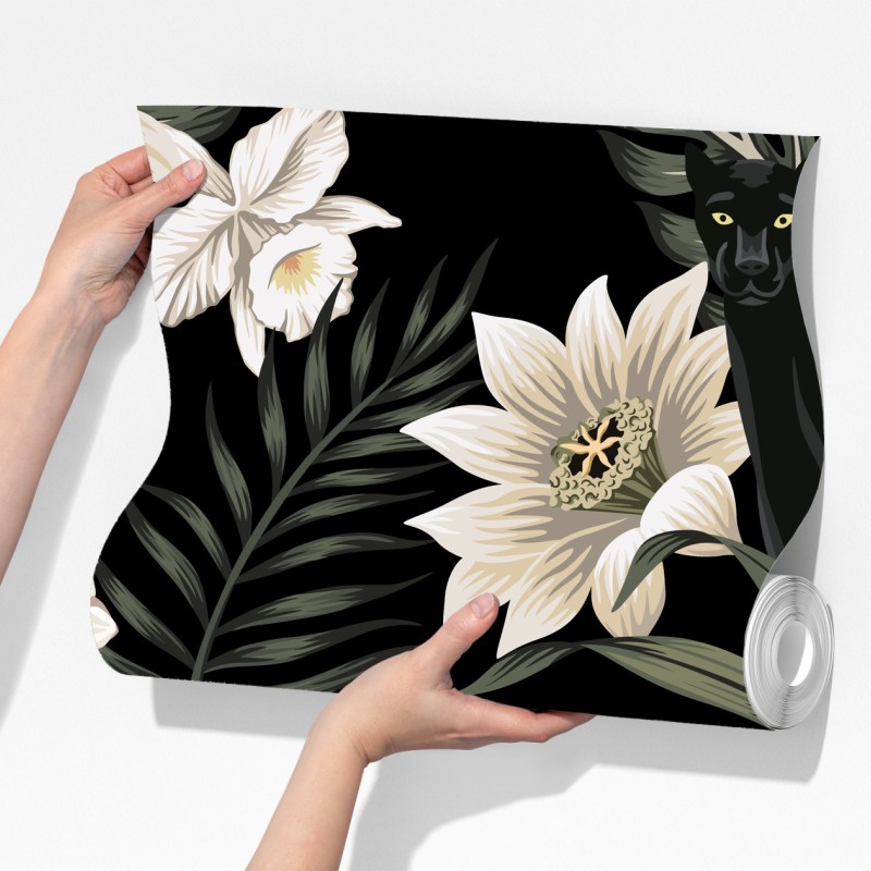 Fototapeta botaniczny wzór z czarną panterą – Wallissimo® Fototapeta botaniczny wzór z czarną panterą – Wallissimo®