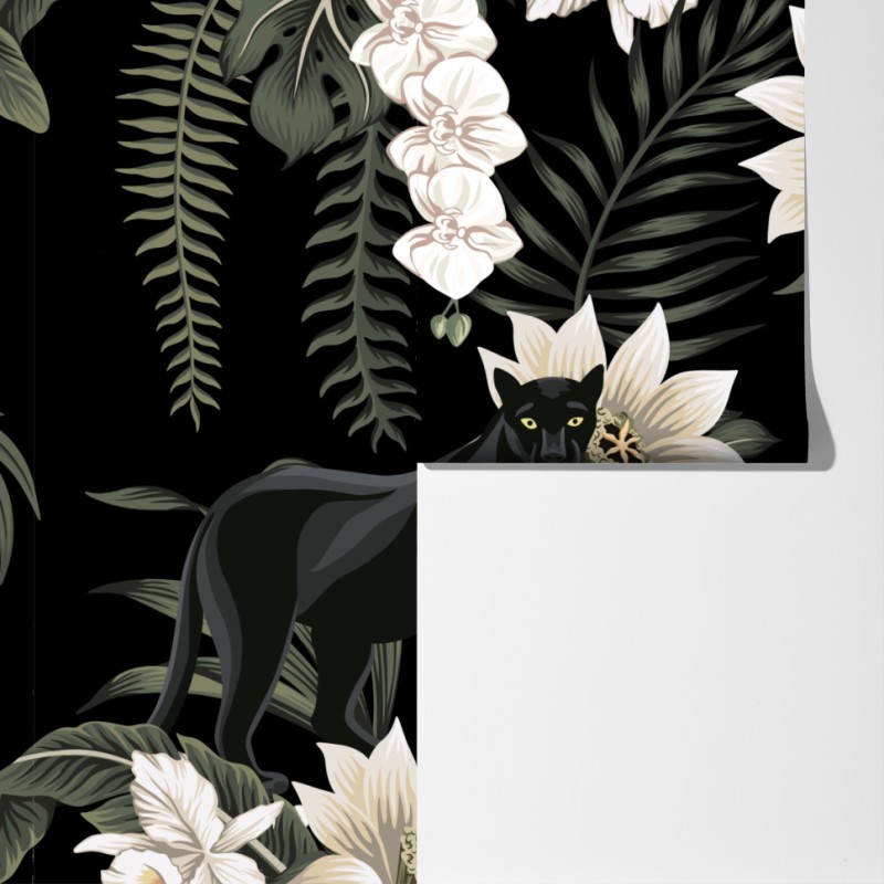 Fototapeta botaniczny wzór z czarną panterą – Wallissimo® Fototapeta botaniczny wzór z czarną panterą – Wallissimo®