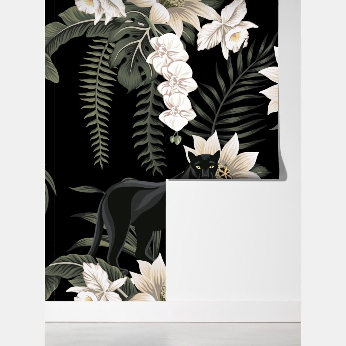 Fototapeta botaniczny wzór z czarną panterą – Wallissimo® Fototapeta botaniczny wzór z czarną panterą – Wallissimo®