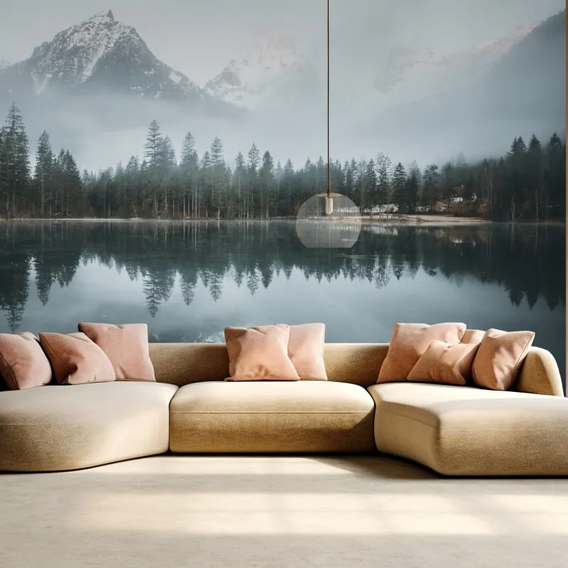 Fototapeta mglista alpejska panorama nad jeziorem