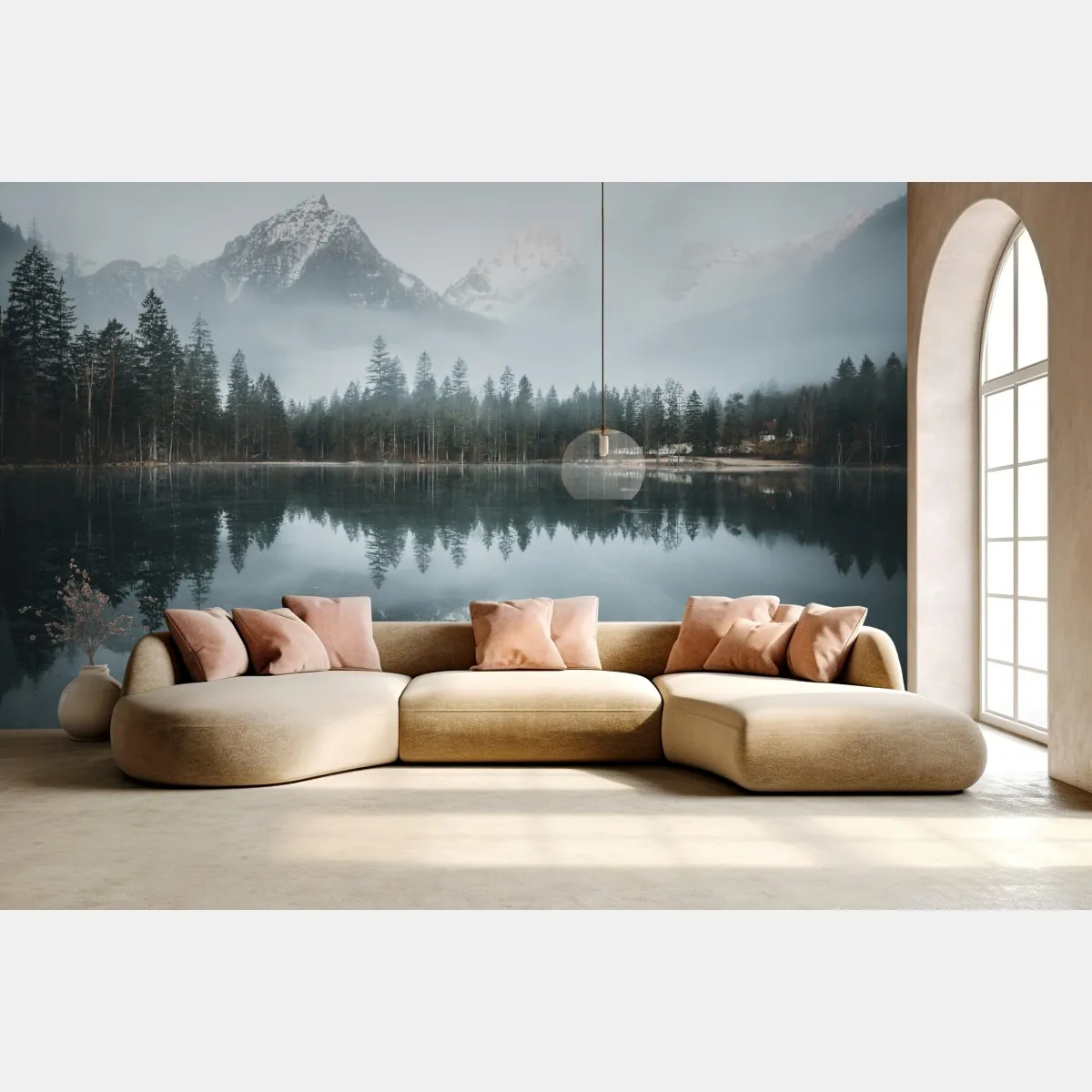 Fototapeta mglista alpejska panorama nad jeziorem – Wallissimo® Fototapeta mglista alpejska panorama nad jeziorem – Wallissimo®