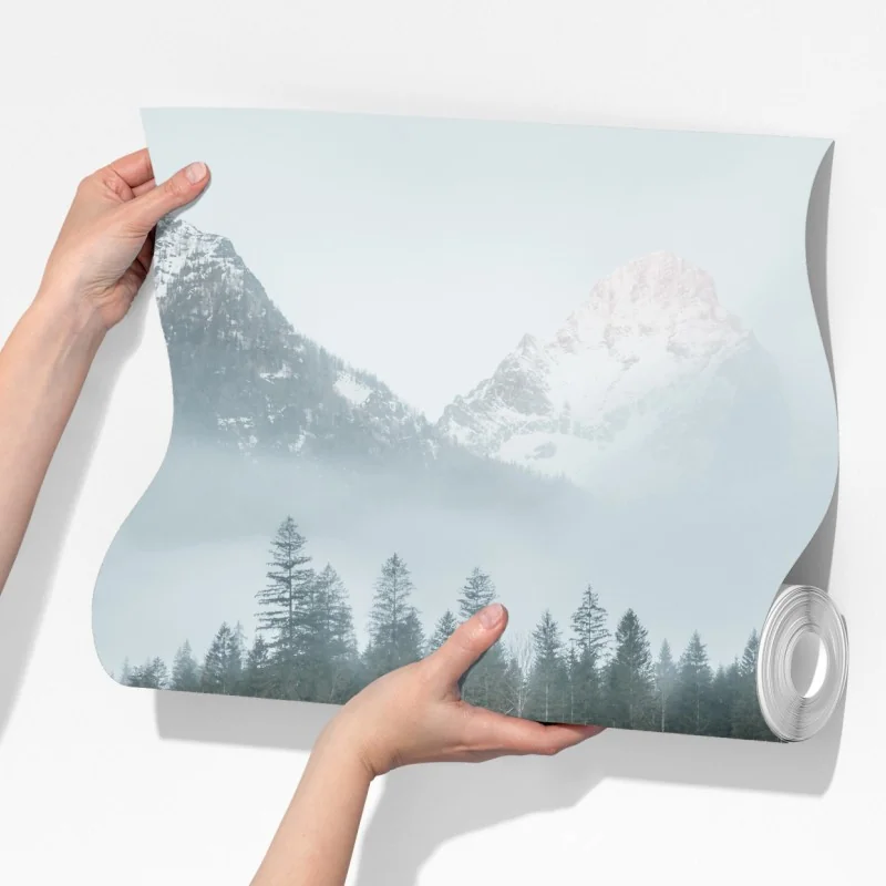 Fototapeta mglista alpejska panorama nad jeziorem – Wallissimo® Fototapeta mglista alpejska panorama nad jeziorem – Wallissimo®