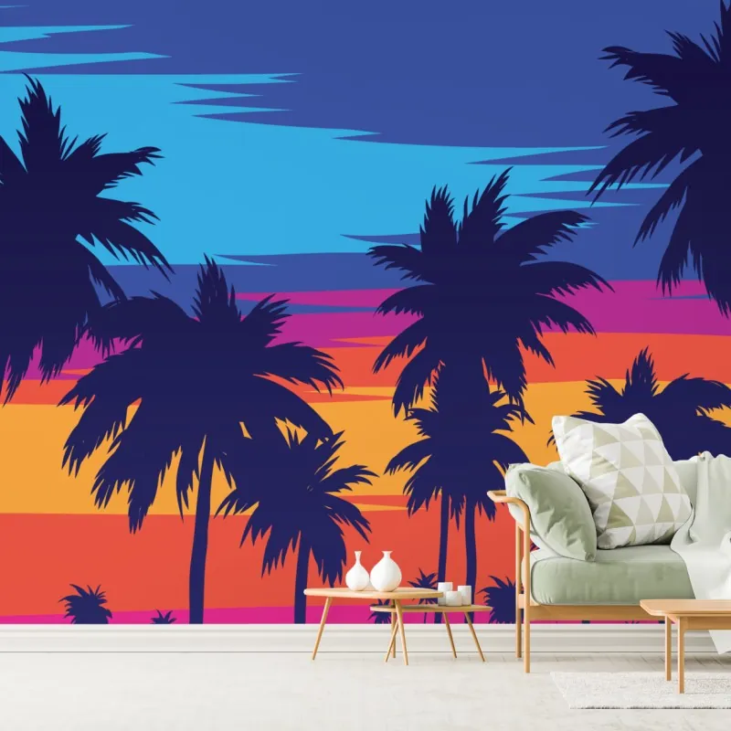 Fototapeta żywy zachód słońca z palmami – Wallissimo® Fototapeta żywy zachód słońca z palmami – Wallissimo®