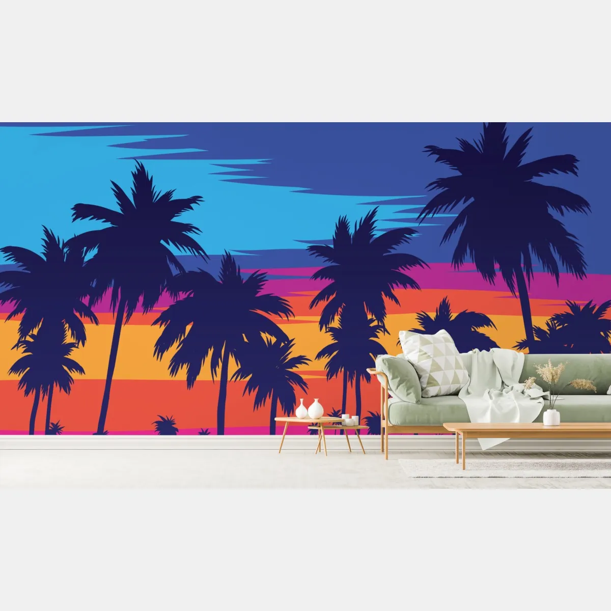 Fototapeta żywy zachód słońca z palmami – Wallissimo® Fototapeta żywy zachód słońca z palmami – Wallissimo®