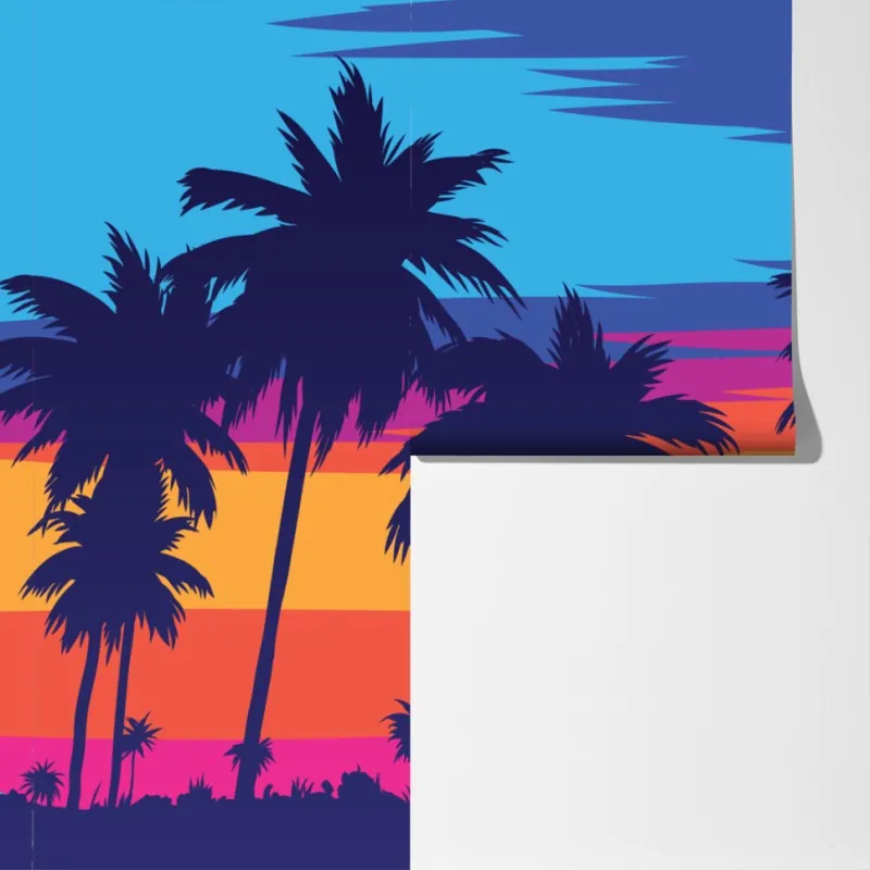 Fototapeta żywy zachód słońca z palmami – Wallissimo® Fototapeta żywy zachód słońca z palmami – Wallissimo®