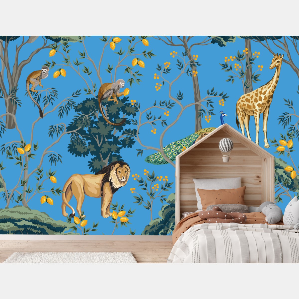 Wall mural exotic jungle animal pattern on blue