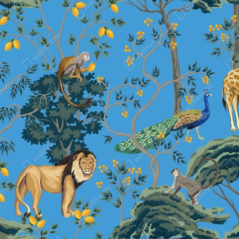 Fototapeta egzotyczny wzór zwierząt na niebieskim tle – Wallissimo® Fototapeta egzotyczny wzór zwierząt na niebieskim tle – Wallissimo®