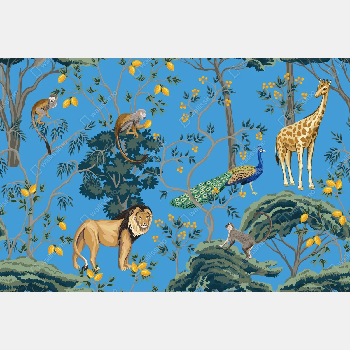 Fototapeta egzotyczny wzór zwierząt na niebieskim tle – Wallissimo® Fototapeta egzotyczny wzór zwierząt na niebieskim tle – Wallissimo®