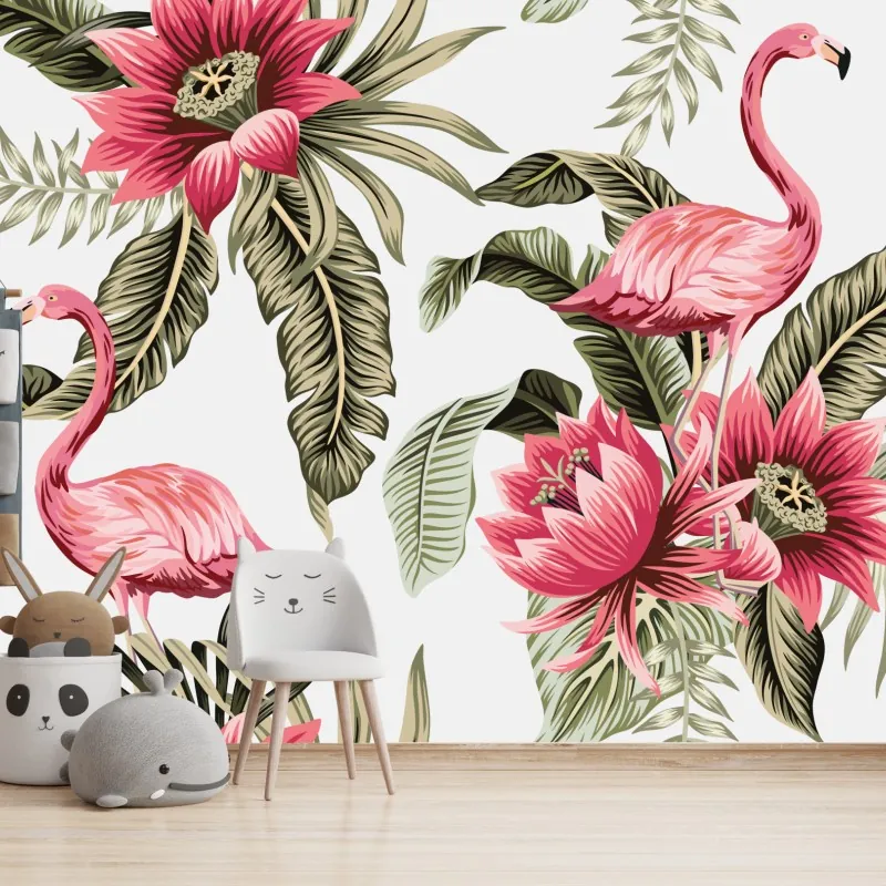 Fototapeta tropikalne różowe flamingi i kwiaty