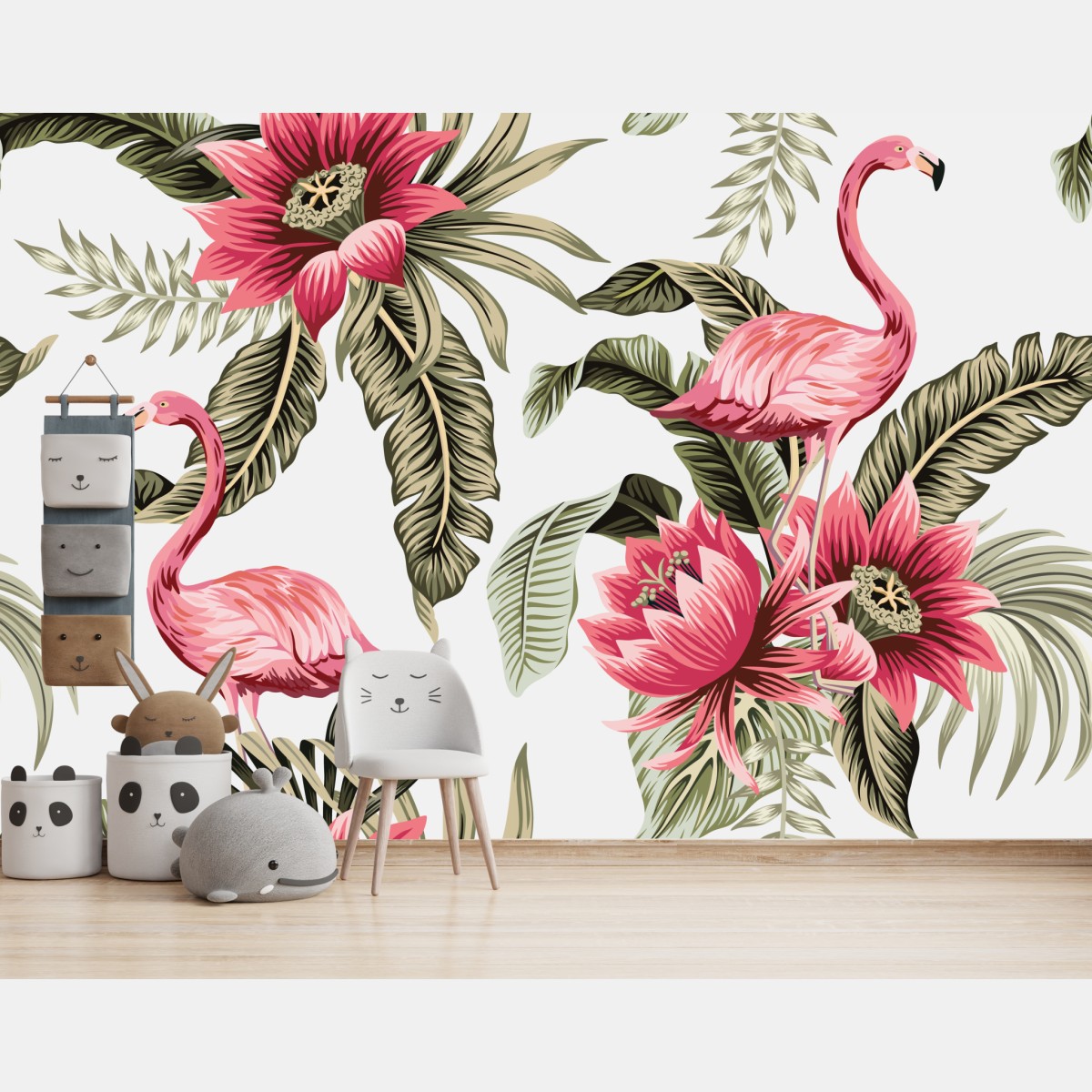 Wall mural tropical pink flamingos and blooms