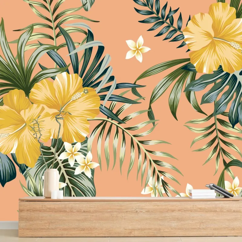 Fototapeta tropikalny wzór z hibiskusem na brzoskwiniowym tle