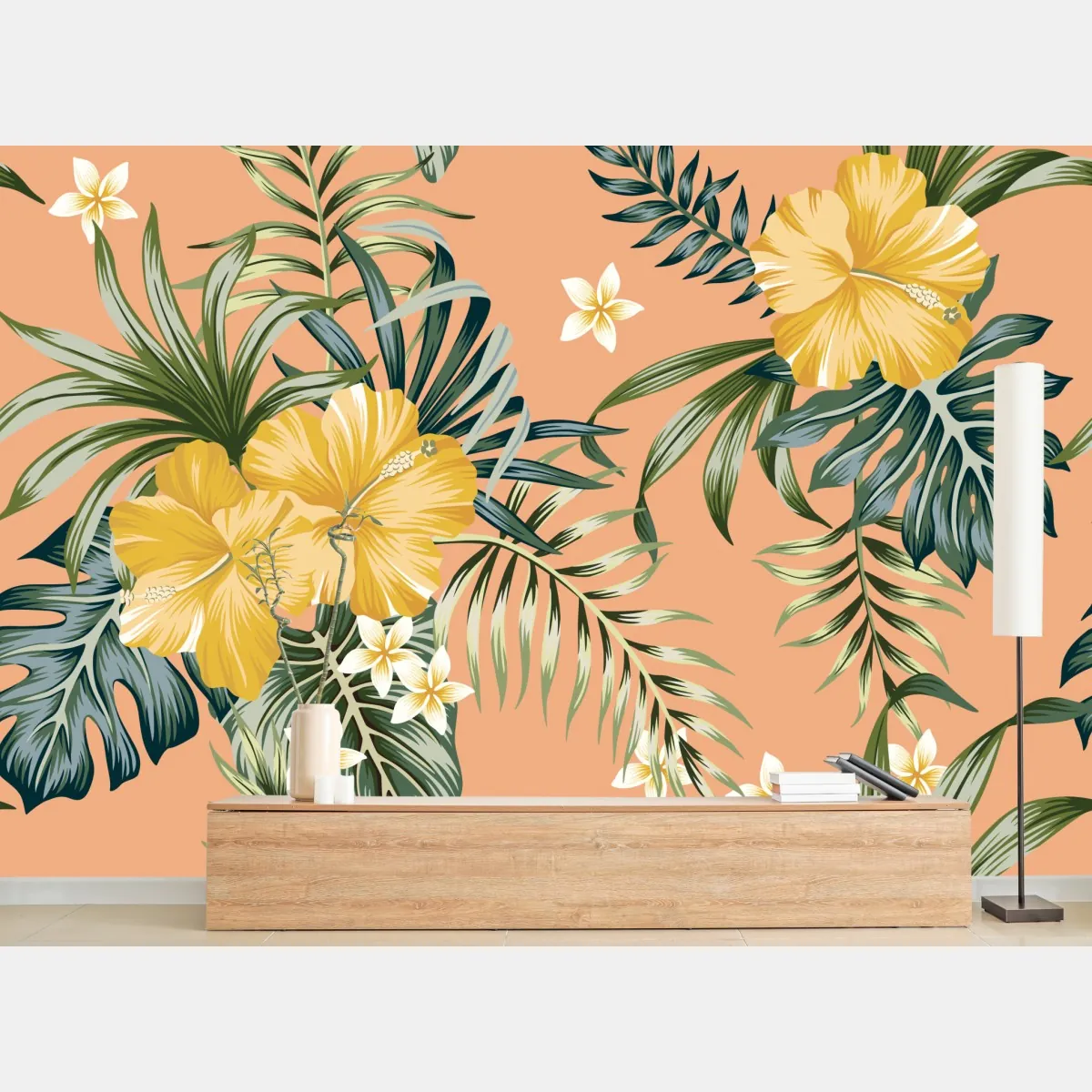 Fototapeta tropikalny wzór z hibiskusem na brzoskwiniowym tle – Wallissimo® Fototapeta tropikalny wzór z hibiskusem na brzoskwiniowym tle – Wallissimo®