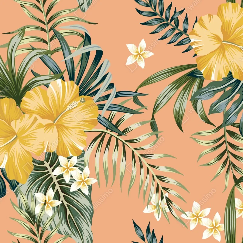 Fototapeta tropikalny wzór z hibiskusem na brzoskwiniowym tle – Wallissimo® Fototapeta tropikalny wzór z hibiskusem na brzoskwiniowym tle – Wallissimo®