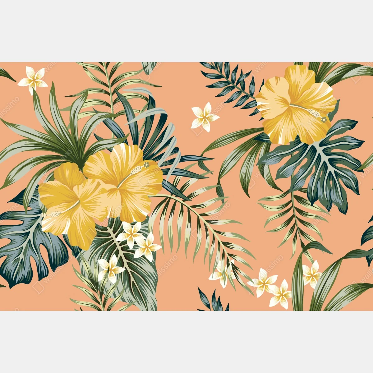Fototapeta tropikalny wzór z hibiskusem na brzoskwiniowym tle – Wallissimo® Fototapeta tropikalny wzór z hibiskusem na brzoskwiniowym tle – Wallissimo®