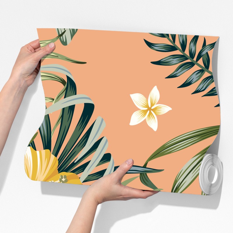 Fototapeta tropikalny wzór z hibiskusem na brzoskwiniowym tle – Wallissimo® Fototapeta tropikalny wzór z hibiskusem na brzoskwiniowym tle – Wallissimo®