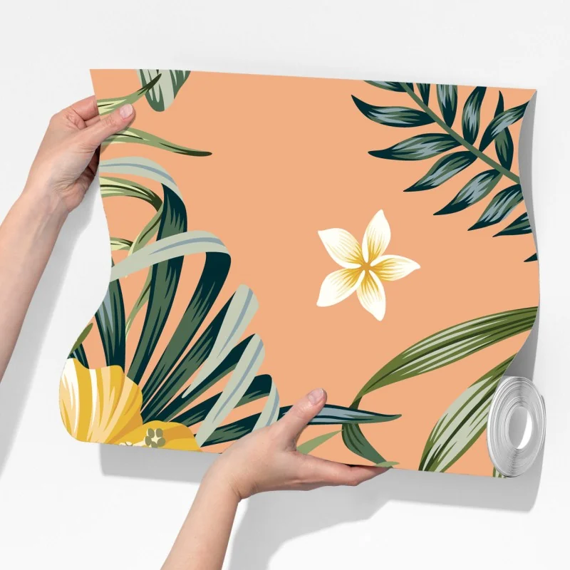 Fototapeta tropikalny wzór z hibiskusem na brzoskwiniowym tle – Wallissimo® Fototapeta tropikalny wzór z hibiskusem na brzoskwiniowym tle – Wallissimo®