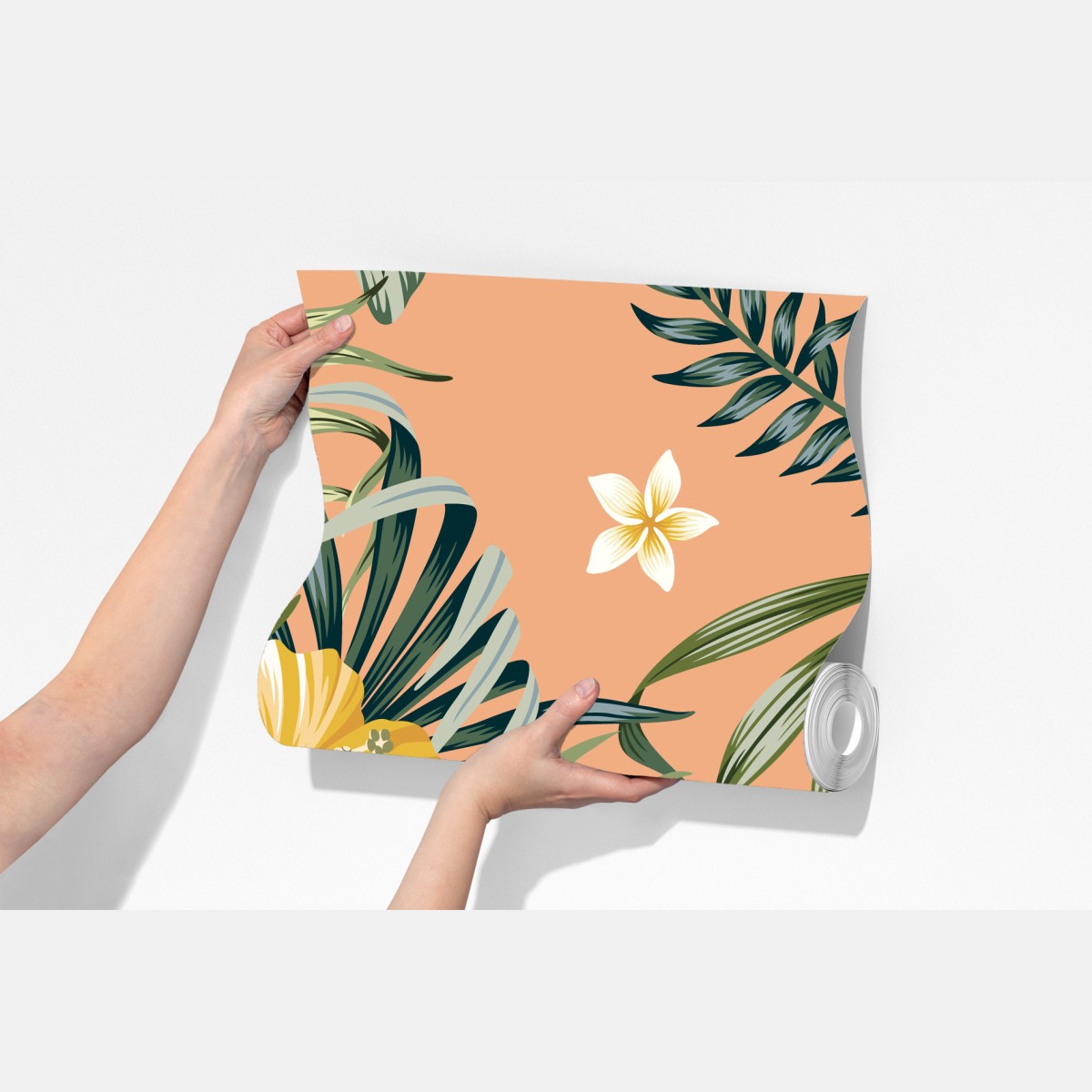 Fototapeta tropikalny wzór z hibiskusem na brzoskwiniowym tle – Wallissimo® Fototapeta tropikalny wzór z hibiskusem na brzoskwiniowym tle – Wallissimo®