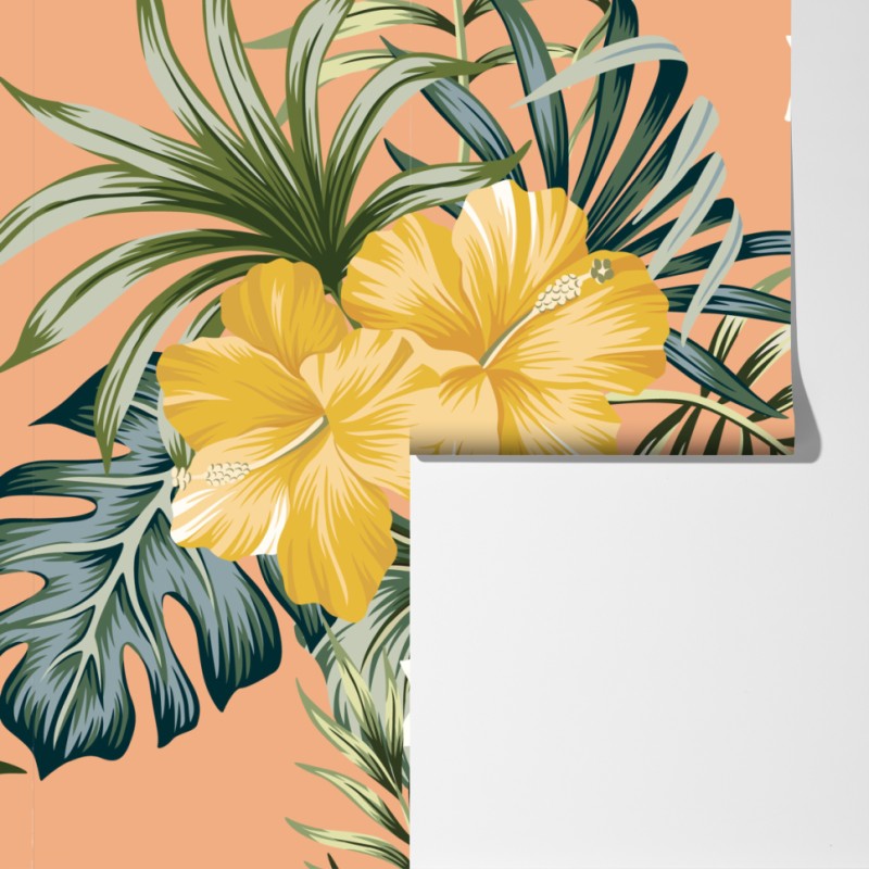 Fototapeta tropikalny wzór z hibiskusem na brzoskwiniowym tle – Wallissimo® Fototapeta tropikalny wzór z hibiskusem na brzoskwiniowym tle – Wallissimo®