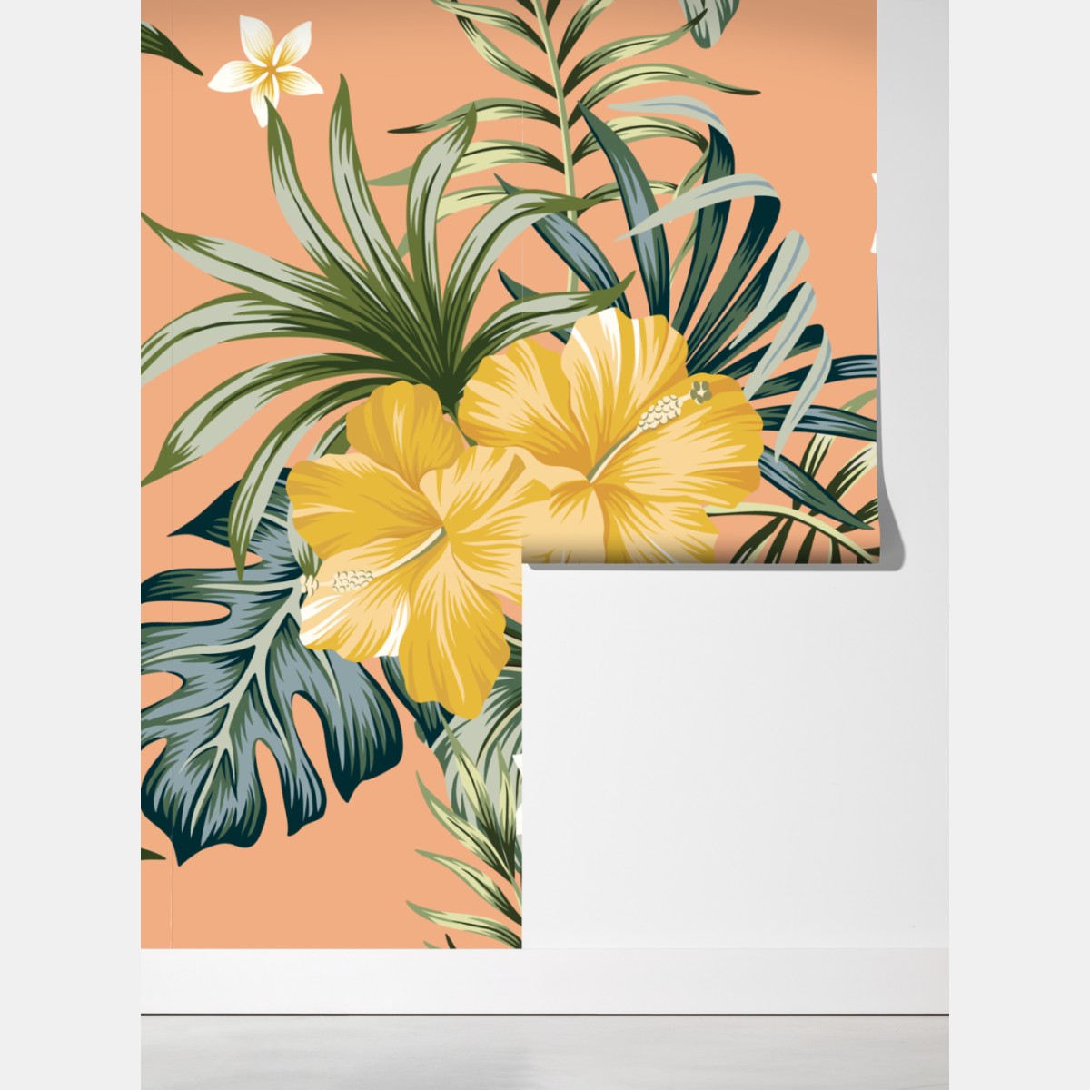 Fototapeta tropikalny wzór z hibiskusem na brzoskwiniowym tle – Wallissimo® Fototapeta tropikalny wzór z hibiskusem na brzoskwiniowym tle – Wallissimo®