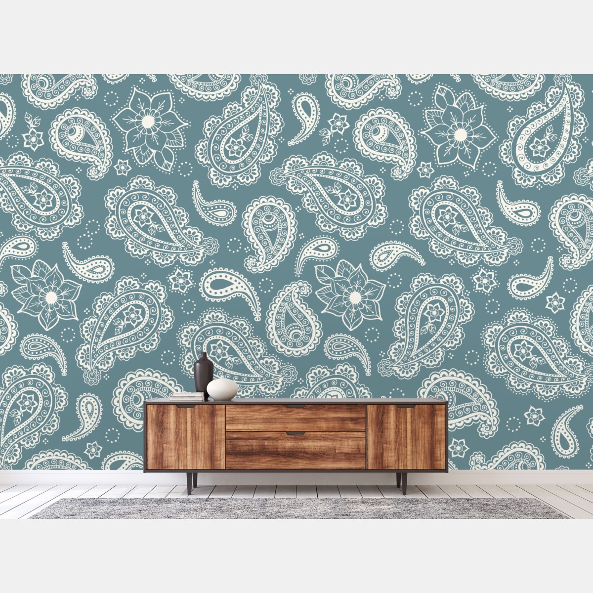 Wall mural teal paisley ornamental pattern