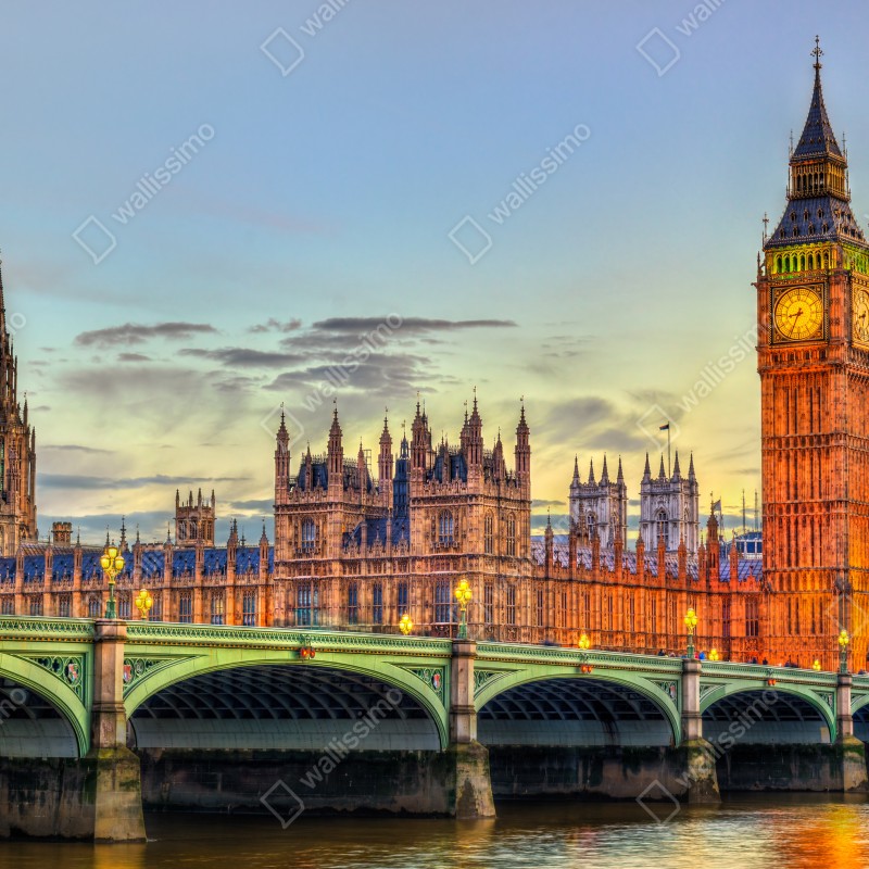 Fototapeta zachód słońca nad Londynem: Big Ben i Pałac Westminsterski – Wallissimo® Fototapeta zachód słońca nad Londynem: Big Ben i Pałac Westminsterski – Wallissimo®