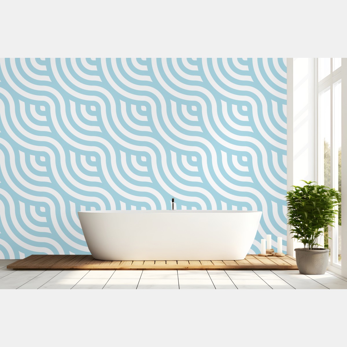 Wall mural soft turquoise geometric wave pattern