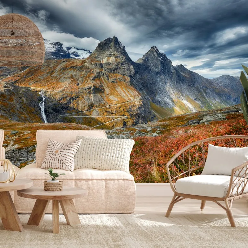 Fototapeta jesienny krajobraz górski z wodospadem i wijącą się drogą – Wallissimo® Fototapeta jesienny krajobraz górski z wodospadem i wijącą się drogą – Wallissimo®
