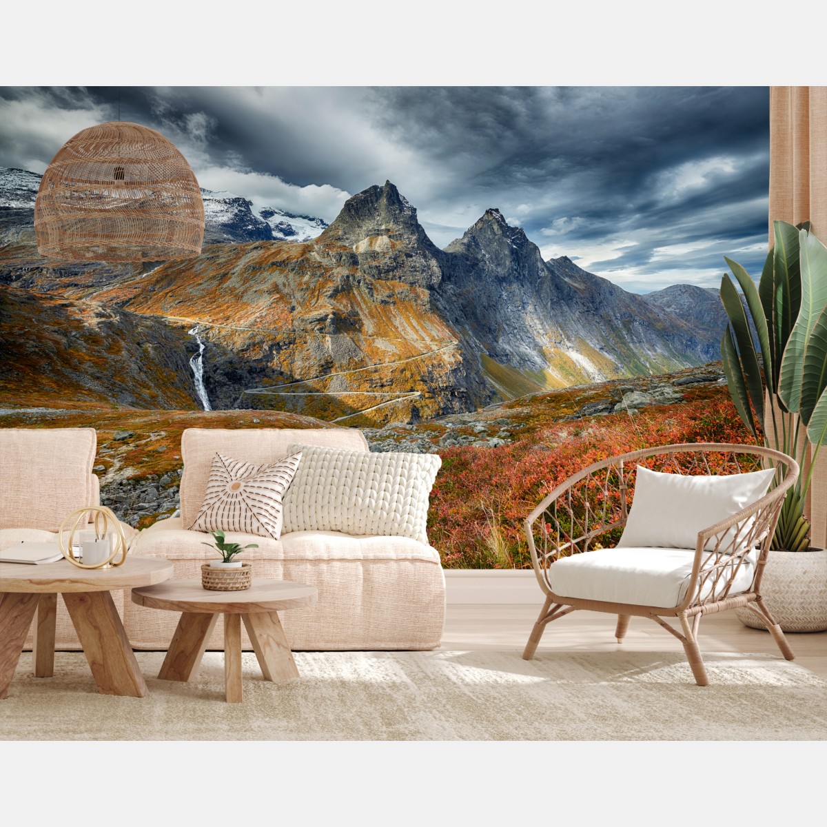 Wall mural autumn mountain vista with waterfall and winding road