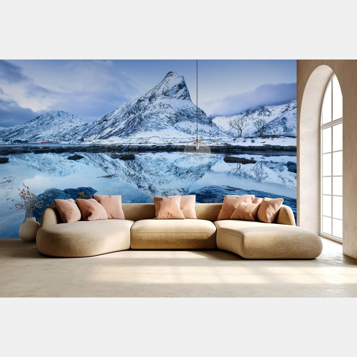 Wall mural snowy peak mirrored on calm water, Norway