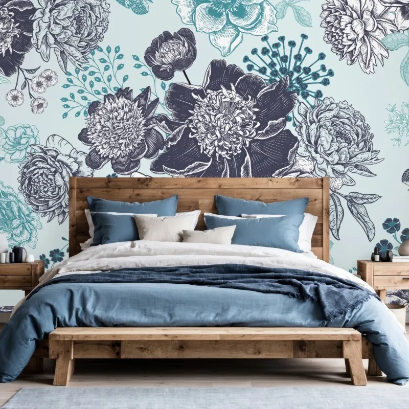 Fototapeta kwiatowy wzór peonii w odcieniach turkusu i granatu