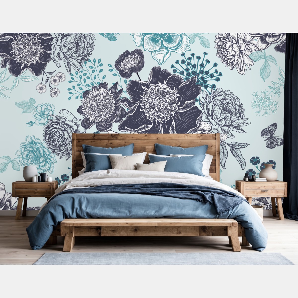 Wall mural vintage peony botanical pattern in teal and navy