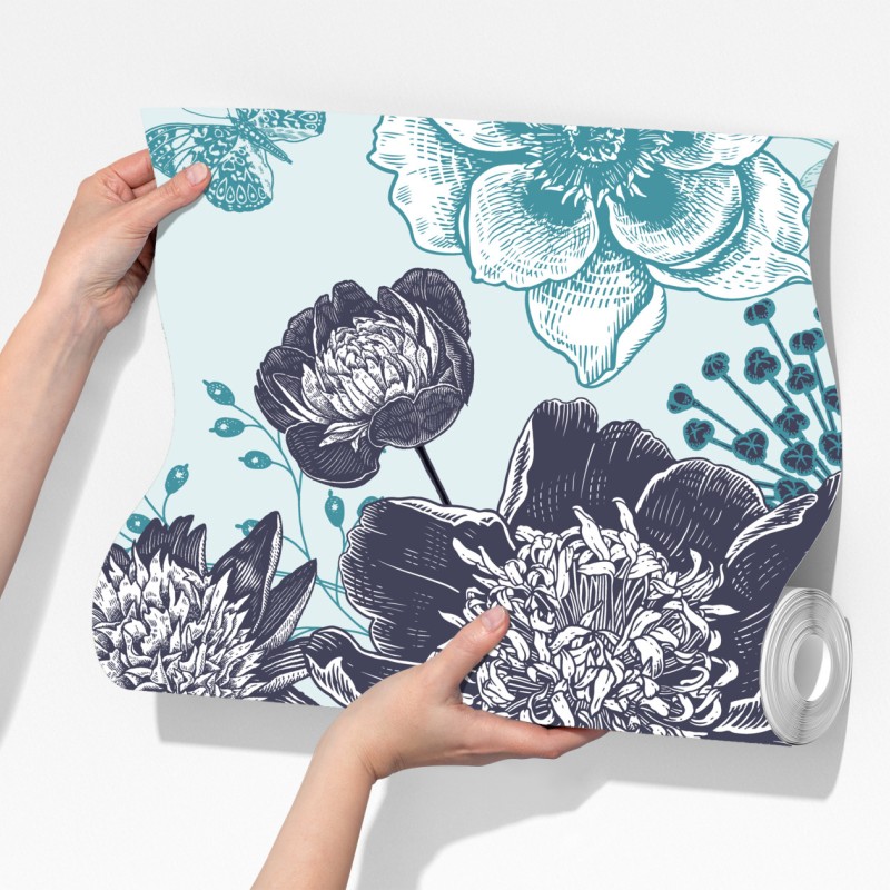 Fototapeta kwiatowy wzór peonii w odcieniach turkusu i granatu – Wallissimo® Fototapeta kwiatowy wzór peonii w odcieniach turkusu i granatu – Wallissimo®