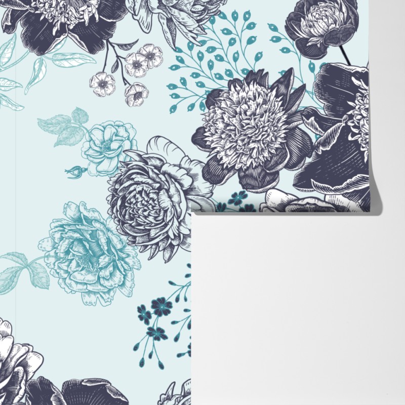 Fototapeta kwiatowy wzór peonii w odcieniach turkusu i granatu – Wallissimo® Fototapeta kwiatowy wzór peonii w odcieniach turkusu i granatu – Wallissimo®