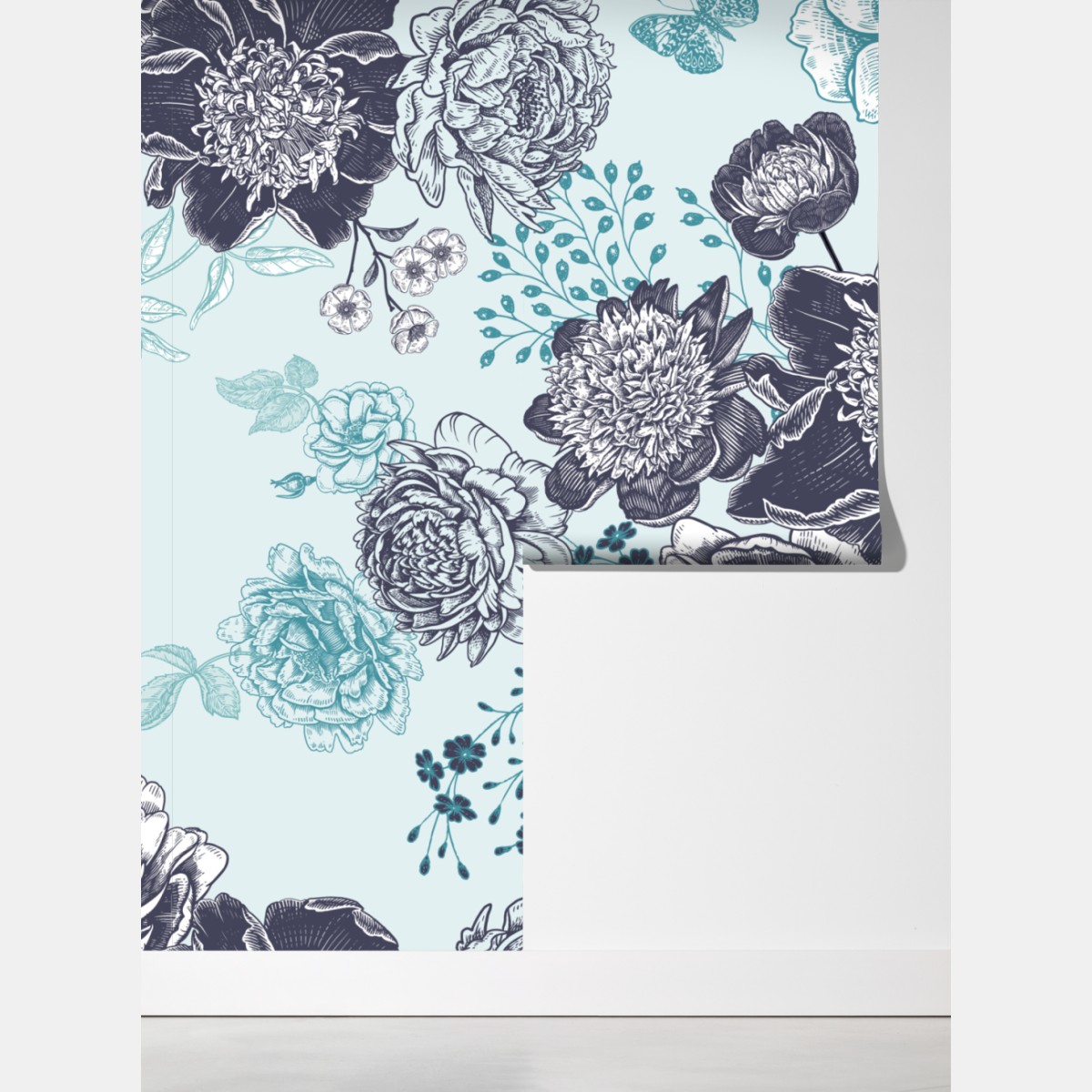 Fototapeta kwiatowy wzór peonii w odcieniach turkusu i granatu – Wallissimo® Fototapeta kwiatowy wzór peonii w odcieniach turkusu i granatu – Wallissimo®
