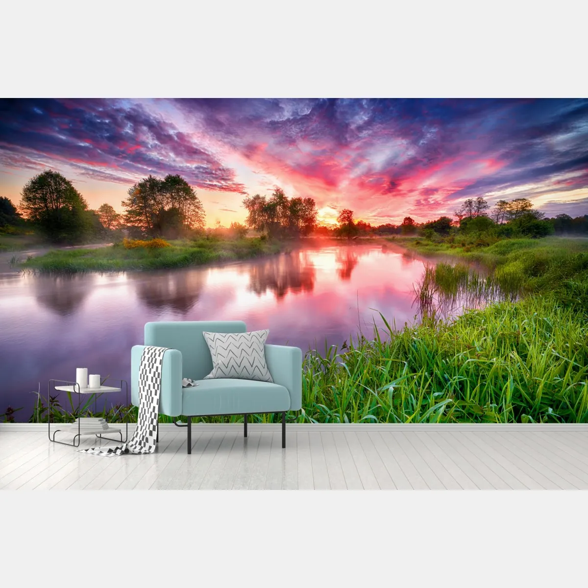 Fototapeta spokojny letni wschód słońca nad brzegiem rzeki – Wallissimo® Fototapeta spokojny letni wschód słońca nad brzegiem rzeki – Wallissimo®