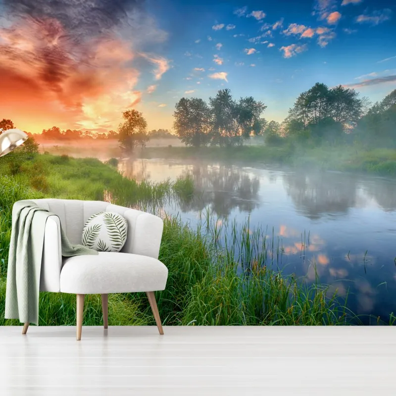 Fototapeta mgła o świcie nad brzegiem rzeki – Wallissimo® Fototapeta mgła o świcie nad brzegiem rzeki – Wallissimo®