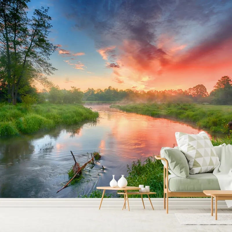 Fototapeta wschód słońca nad mglistą rzeką – Wallissimo® Fototapeta wschód słońca nad mglistą rzeką – Wallissimo®