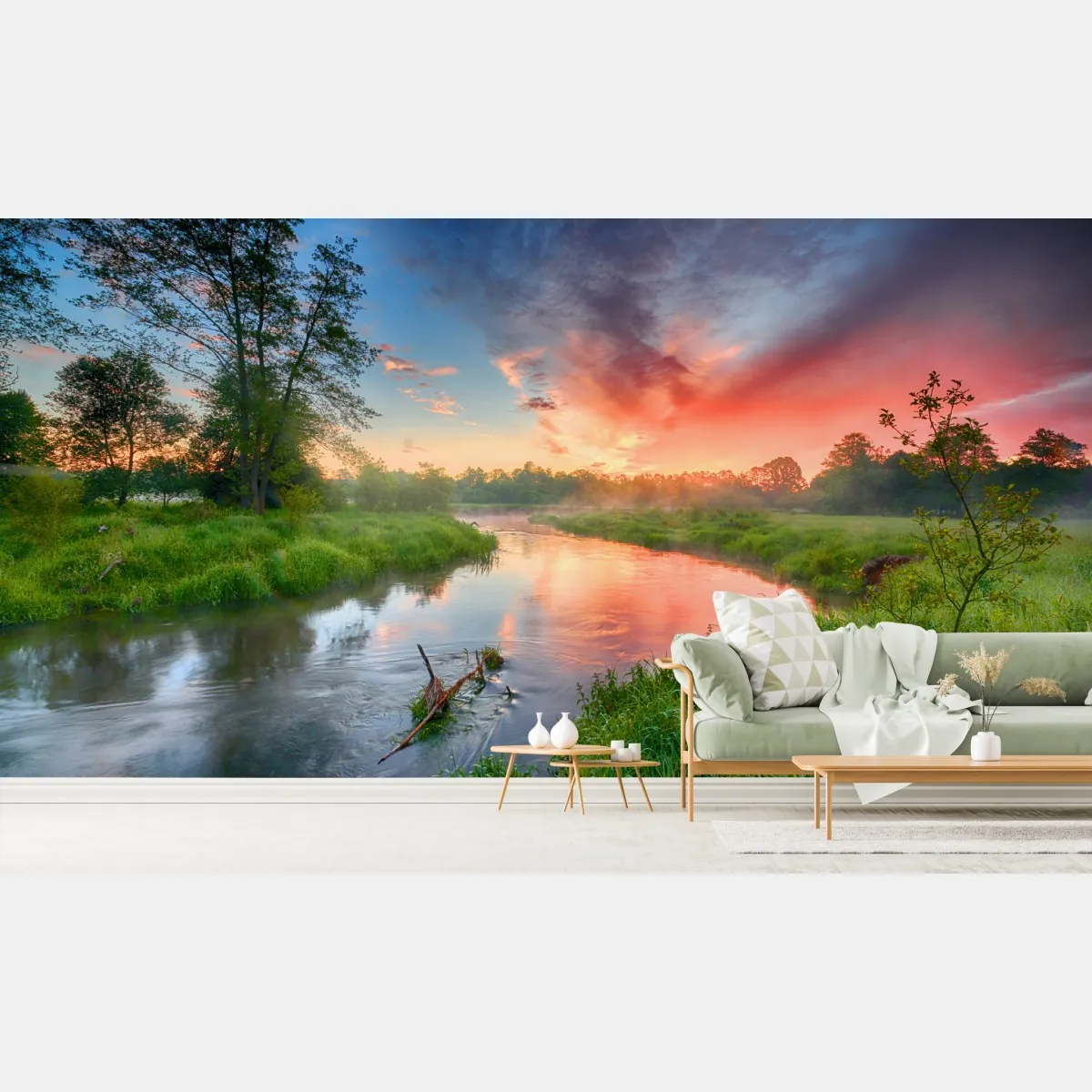 Fototapeta wschód słońca nad mglistą rzeką – Wallissimo® Fototapeta wschód słońca nad mglistą rzeką – Wallissimo®