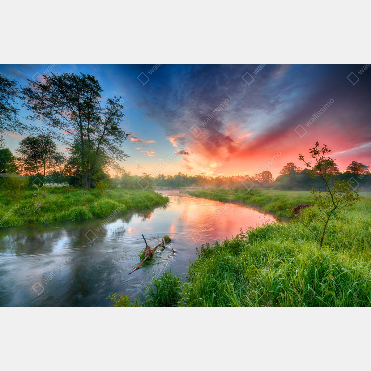 Fototapeta wschód słońca nad mglistą rzeką – Wallissimo® Fototapeta wschód słońca nad mglistą rzeką – Wallissimo®