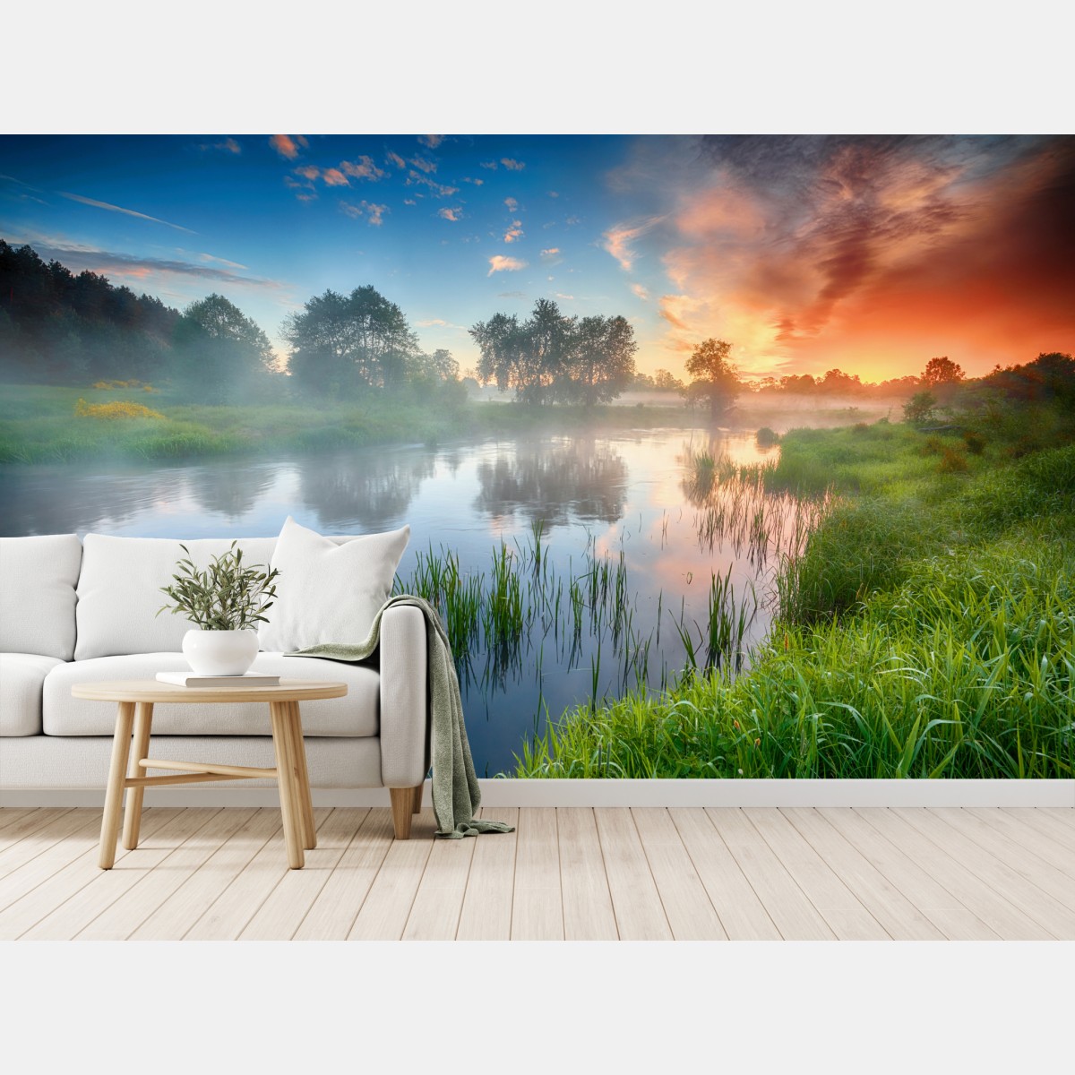 Wall mural misty river sunrise over green banks