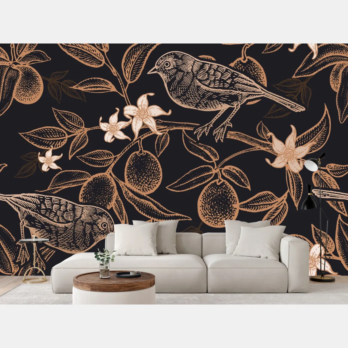 Fototapeta vintage wzór ptaków i cytrusów – Wallissimo® Fototapeta vintage wzór ptaków i cytrusów – Wallissimo®